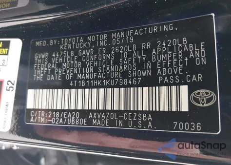 2019 Toyota Camry Se из США, поврежденный, VIN 4T1B11HK1KU798467